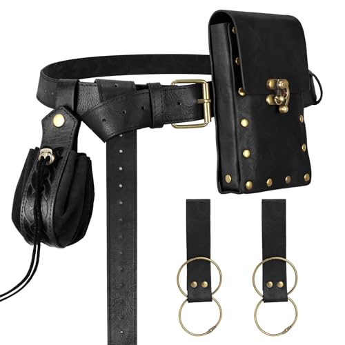 Renaissance Belt Pouch Medieval Viking Pirate Leather Bag Potion Bottle Set Skirt Hike Halloween Cosplay Costume Accessorie(Black Belt Pouch)
