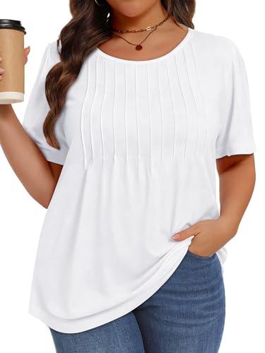 Image of Plus Size Tops for Women Pleated Summer Top Trendy Short Sleeve Shirts Casual Basic Tee Crew Neck Blouses 2026