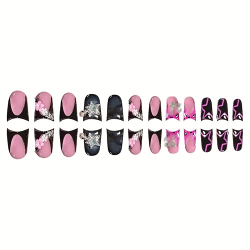Image of Black Press on Nails Duck Fake Nails with Star Design French Tip Nail Press ons Glossy Stick on Nails Reusable Artificial Acrylic Full Cover Short Nail press ons for Women Manicure 24Pcs