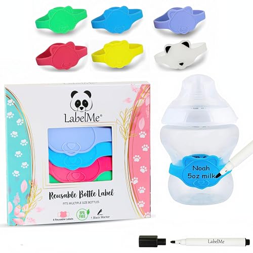 Image of Silicone Baby Bottle Labels for Daycare, Home, and Travel Organization, Fits Small Water Tumblers, Sippy Cups, Snack Containers, and Food Jars, Cute Animal Shapes, Includes Waterproof Marker