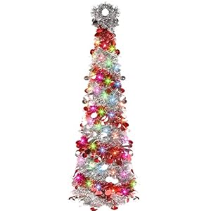 FUNPENY 5 FT Pop up Christmas Tree with 50 LED String Light, Lighted Artificial Tinsel Pencil Tree with Timer, Battery…