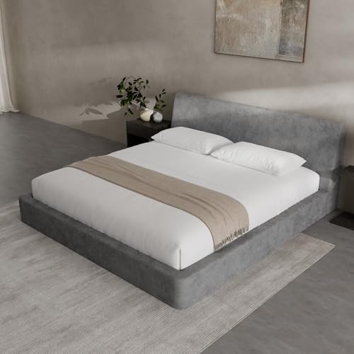 Image of RECCI AirFrame King Size Bed Frame with Ergonomic Angled Foam Cushioned Headboard, Minimalist Design Platform Bed Frame, No Box Spring Needed, Easy Assembly (Moon Grey)