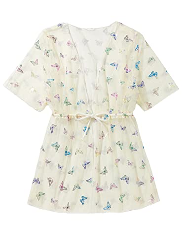 Makemechic Girl's Beach Swimsuit Cover Up Butterfly Print Short Sleeve Drawstring Waist Kimono Cover Up Beige 11-12Y #TOP26