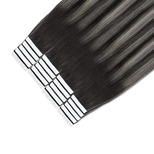 Image of Sixstarhair Black Balayage Tape in Hair Extensions Human Hair Ombre Off Black to Silver with Natural Black Tape in Human Hair Extensions Seamless Skin Weft 20pcs /50g [Color 1BT1B-silver# 20inch]