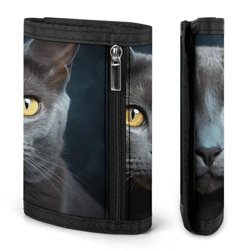 Gray Cat Stares Trifold Wallet for Men with 8 Card Slots & Coin Purse Slim Bifold Credit Card Holder3