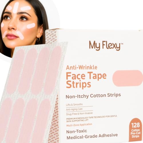 Face Tape Strips - 128 Pre-Cut Cotton Face Lifting Tape Overnight Anti Wrinkle Patches Smile Line Patches Frown Line Patches Jawline Smoothing & Tightening - Latex Free