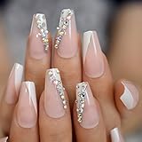 EchiQ Trapezoid French Nail Crystal AB Shine Decorative False Nails Long Ballerina Rhinestones Press On Fingernail