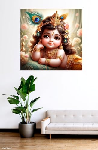 Image of Baby Krishna Peacock Feather Wall Poster for Pooja Room, Office, Kids Room (Size- 46CM X 46CM)