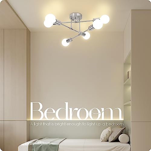 Soilsiu Modern Sputnik Chandelier Ceiling Light Fixture, 6-Light Mid Century Semi Flush Mount Ceiling Lights For Bedroom, Dining Room, Living Room, Kitchen, Office (Brushed Nickel, W:16.5",H:8") #TOP3