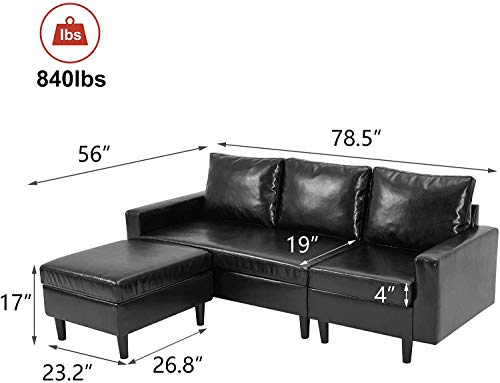YODOLLA Convertible Sectional Sofa Couch, L-Shaped Sofa Couch with Modern Faux Leather, Black Sectional for Small Space - Thumbnail 4