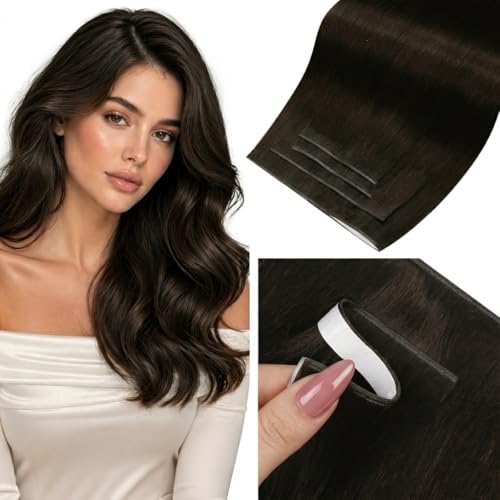 Image of LaaVoo Tape Weft Hair Extensions Darkest Brown Long Weft Tape in Hair Extensions Human Hair Invisible Tape in Extensions Genius 20inch 4Pcs 120g
