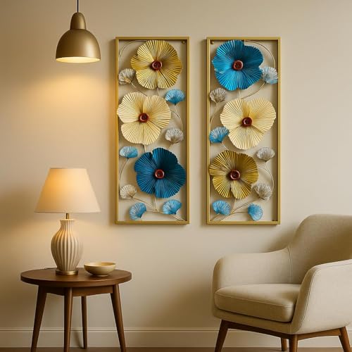RSN 3D Metal Wall Art Decor, Flower Panels Set of 2, Gold Frame with Blue and Yellow Floral Design, Modern Home Decoration For Size-91.5 x 32 cm Each,