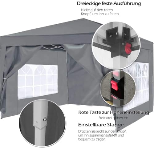 ISE Pavillon 3x3 mit Seitenwänden, Faltpavillon stabil inkl.Tragtasche, Pavillion klappbar 3x3m UV-Schutz 50+,Partyzelt höhenverstellbar für Garten,Grau – Bild 5