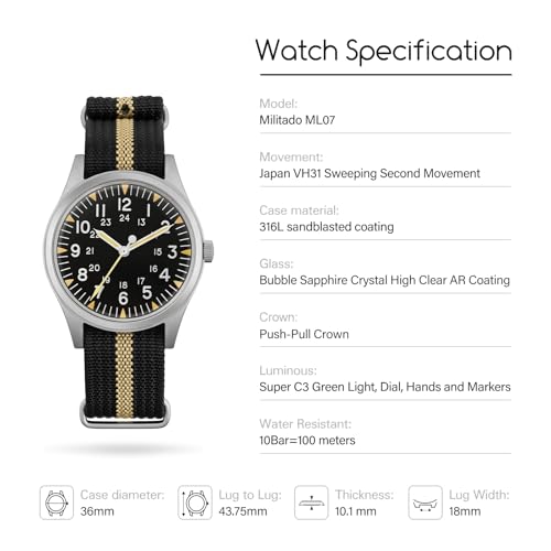 Image of Militado VH31 Quartz Watch, ML07 Field Watch 36mm Military Mens Watches C3 Green Luminous Unisex Wristwatch 10 ATM Waterproof