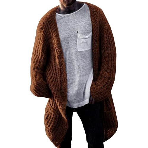 Mens Ribbed Edge Long Cardigan Long Length Drape Casual Overcoat V Neck Casual Knited Sweater