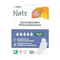 Naty Damenbinden Night mit Flügeln | 100% zertifizierte Bio-Baumwolle auf der Haut | Zertifiziert hautverträglich | Ohne Parfüm, 0% konventionelles Plastik | Absorbierender Schutz nachts | 10 Binden