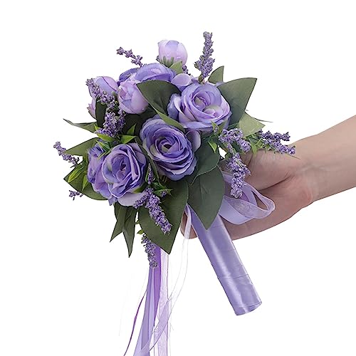 URMAGIC Wedding Bouquets for Bride Bridesmaid,26cm Artificial Bridal Bouquet with Ribbon,Bridesmaid Bouquets,Floral Wedding Centerpieces,Wedding Party Decor,Hand Holding Flower Bouquet (Purple)