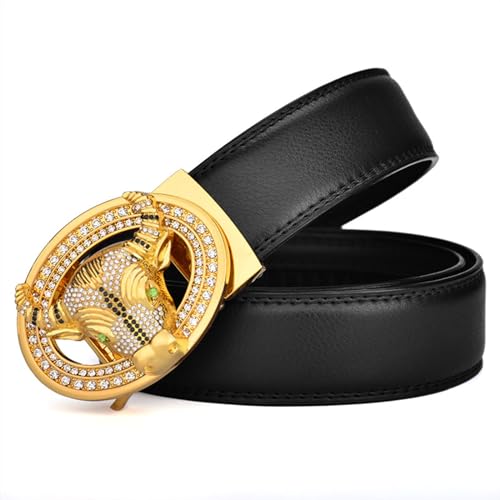 Mens Belts Leather, Ratchet Dress Western Belt for Men with Bull Head Pattern Alloy Oval Diamond Buckle,Black,125CM/49.2''2