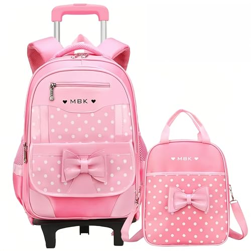Girls Rolling Backpack Set Cute Bowknot Kids Schoolbag with Wheels Trolly BookBag for School-2 Wheels