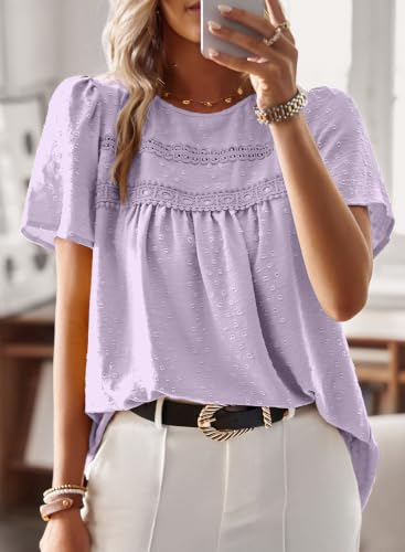 Image of Falechay Womens Summer Tops Flowy Boho Shirts Dressy Casual Short Sleeve | Crewneck Loose Fit Blouses, Hide Belly Fat, Lace Hem Ladies Tunic, Babydoll Crochet Clothes, Swiss Dot, Work, Vintage, XS-6XL