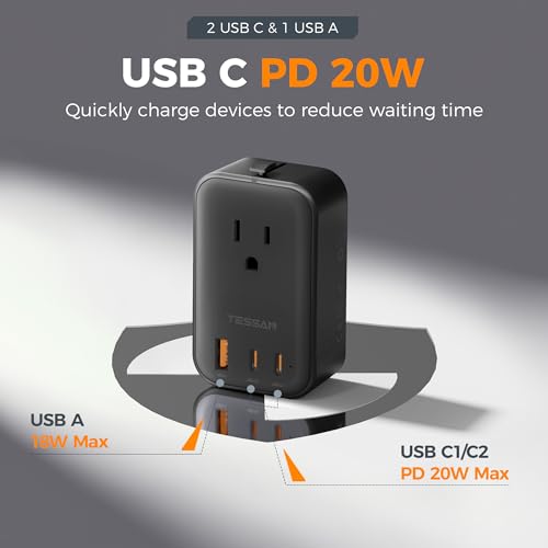 Image of TESSAN International Power Adapter PD 20W, Ultra Thin Universal Adapter, Worldwide Outlet Plug with 2 USB C 1 USB A for US to Europe UK Spain Australia France Germany Thailand (Type C G A I), Black