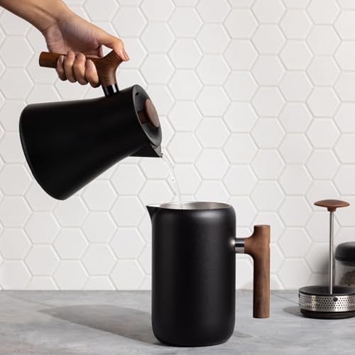Image of Fellow Corvo EKG Pro Studio Gooseneck Electric Kettle, Temp Control | Stainless Steel, Color LCD, Quick Heating, Brew Timer, Matte Black, Walnut Handle, 0.9 Liter, for Pour Over Coffee & Tea