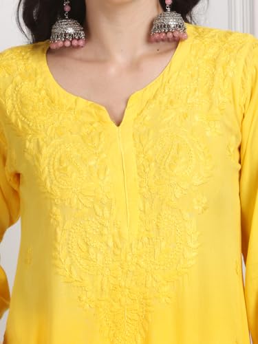 Image of Women's Luxe Lucknowi Chikankari Hand Embroidered Rayon Dyed Kurti Palazzo Dupatta Set - Designer Ethnic Wear for Wedding, Festive & Party Occasions