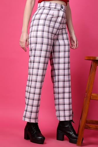 Image of POPWINGS Casual Check Print Button and Zip Closure Trouser for Women | Western Wide-Leg Trouser for Women | Summer Trousers for Women | Comfortable Semi-Formal Work Trouser for Women