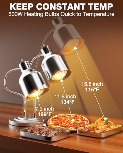 PYY Food Heat Lamp - Commercial Food Warmer, 2-Head Food Warming Light, 500W Portable Electric Heating Lamp, Stainless Steel Catering Food Warming Lamp for Restaurant Kitchen Cafeteria