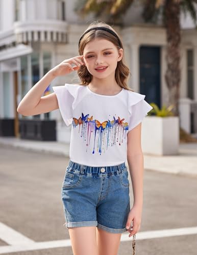 Image of Girls T Shirts Ruffle Short Sleeve Round Neck Loose Blouse Summer Solid Color Casual Girl Tee Tops for 3-12 Years