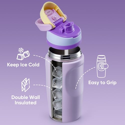 Image of Fijinhom 16 oz Insulated Water Bottle,Stainless Steel Sports Water Bottle with Straw, Double Wall Vacuum Leak Proof, Cold for 24 Hours, BPA Free for Travel, Sport, Outdoor, Purple