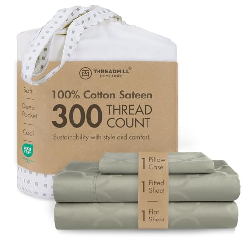 Image of Threadmill 300TC Cotton Twin XL Sheet Set, Sateen, Jacquard, Sage, 3-Piece | 100% Cotton, Sateen Weave, Jacquard Pattern, 3-Piece Set, 16 inch Deep Pocket, Cooling, Breathable, OEKO-TEX Certified