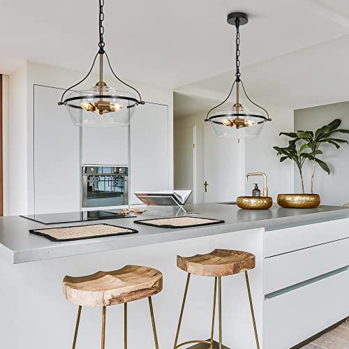 Zevni Modern Black Gold Chandeliers, 3-Light Mid-Century Modern Chandelier Large Bell Glass Pendant Lighting For Dining Room, 14" Dia #TOP1