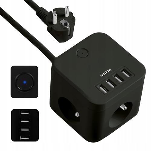 Huslog Regleta Cubo 7 en 1 con 3 Tomas y 4 USB, 230V/10A, Cable de 1,5 m, Interruptor con LED, Conexión a Tierra, Compacta y Antideslizante para Oficina y Hogar, Negro