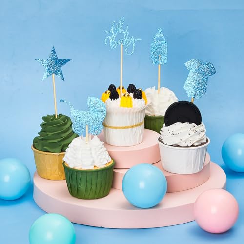 Gersoniel 36 Pcs Glitter Baby Shower Cupcake Toppers in 6 Styles, 1 Welcome Baby Boy Cake Topper, 1 Sleeping Candle Cake Pick Decoration for Gender Reveal Shower Party First Birthday Supplies, Blue