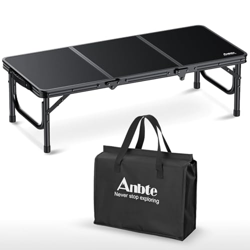 Anbte 3ft Low Folding Picnic Table, Thicker Aluminum Small Camping Table with Storage Bag, Portable Handle, Lightweight, for Camping Beach Party Picnic Floor, 34.2' x 15.7' x 10.3', Black