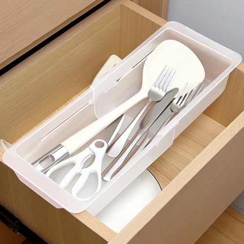 Gulfmew Deep Drawer Organizer Bins, Adjustable Sliding Drawer Organizer Bin Expandable Tray for Kitchen Utensils, BBQ Tools, Towels, Durable Plastic Sliding for Easy Storage(12.4