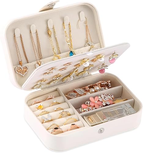 Image of Lazer Accessories Jewellery Organiser PU Leather Zipper Portable Storage Box Case with Dividers Container for Rings, Earrings, Necklace Home Organizer | Cream White