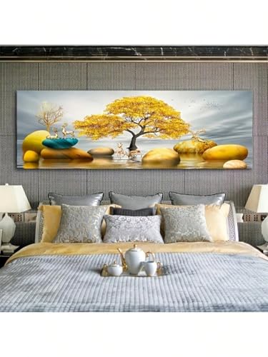 Tableau abstrait arbre doré grand format pour habiller un grand mur de salon vide