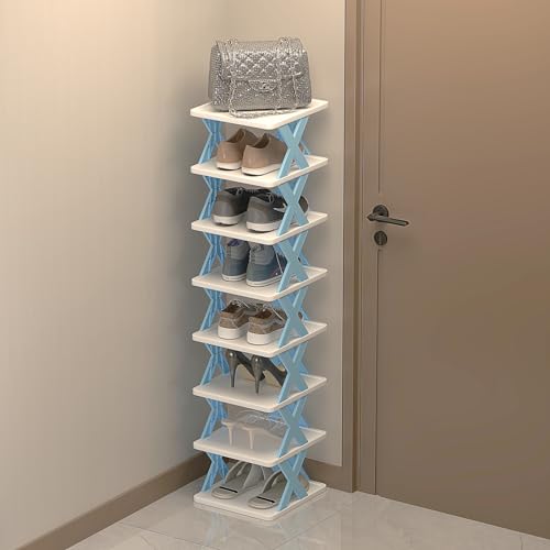 DEARLUREN 7-Tier Corner Shoe Rack Organizer,Free Standing Shoe Rack for Small Space Closet, Entryway, Narrow Vertical Shoe Slots Organizer for Small Space, Stackable, Blue