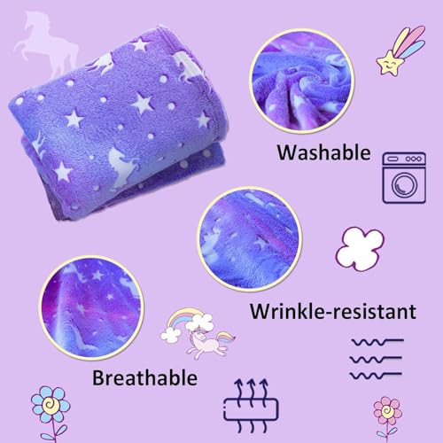 Image of Glow in The Dark Unicorn Blanket for Girls - Super Soft Purple Plush Fleece Throw with Stars and Unicorns - Magical Luminous Gift for Kids, Toddlers, and Teens - 80 inch x 60 inch (Purple)