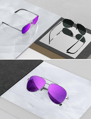 Image of LUENX Aviator Sunglasses for Men Women Polarized - Mirrored Driving uv 400 Protection(Purple Mirrored)