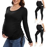Fotociti Soft Maternity Long Sleeve Shirts and Maternity Leggings with pockets over the belly