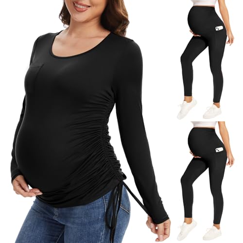 Fotociti Soft Maternity Long Sleeve Shirts and Maternity Leggings with pockets over the belly