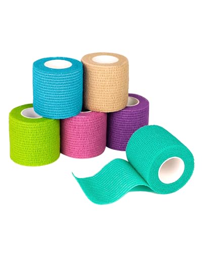 FriCARE Self Adhesive Bandage Wrap, Medical Tape in First Aid Kit, Cohesive Bandages for Wounds Sport Vet, 2 Inches X 5 Yards 6 Rolls, Rainbow