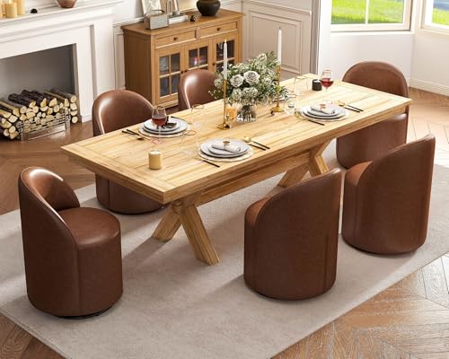 Wahson Faux Leather Swivel Dining Chairs Set of 6, Modern Upholstered Barrel Accent Chair with 360 Degree Rotation, Brown Vanity Chair for Dining/Living Room, Bedroom, Makeup Room