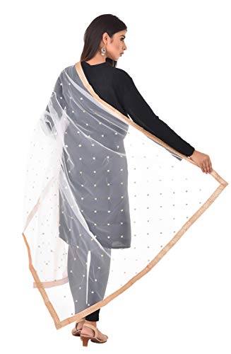 Image of YOUTHQUAKE Women's Net Embroidered Full Size Dupatta With 4 Side Golden Lace