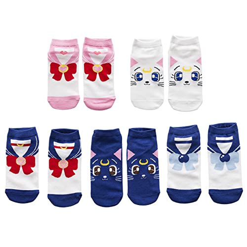 Apehuyuan 5 Pair Anime Sailor Moon Ankle Sock No Show Sport Socks Running Low Cut Socks for Men Women