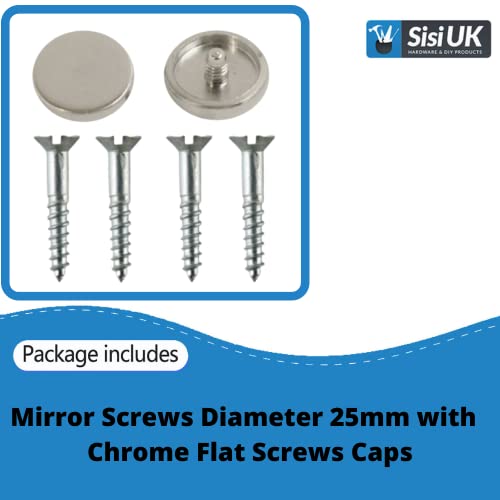 Mirror Screws 25mm with Decorative Cap Covers Chrome 14mm Flat Screw Caps - Image 2