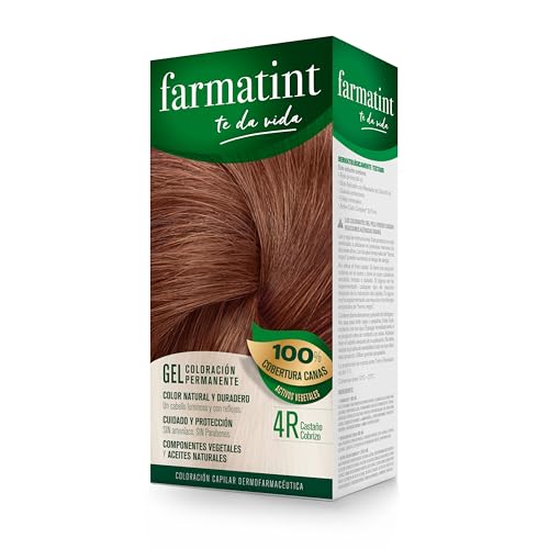 Farmatint Gel 4R Castaño Cobrizo, Tinte Vegetal Permanente, Sin Amoníaco, Cobertura Completa de Canas, Cuida y Protege tu Cabello, Unidad de 170ml, El embalaje puede variar